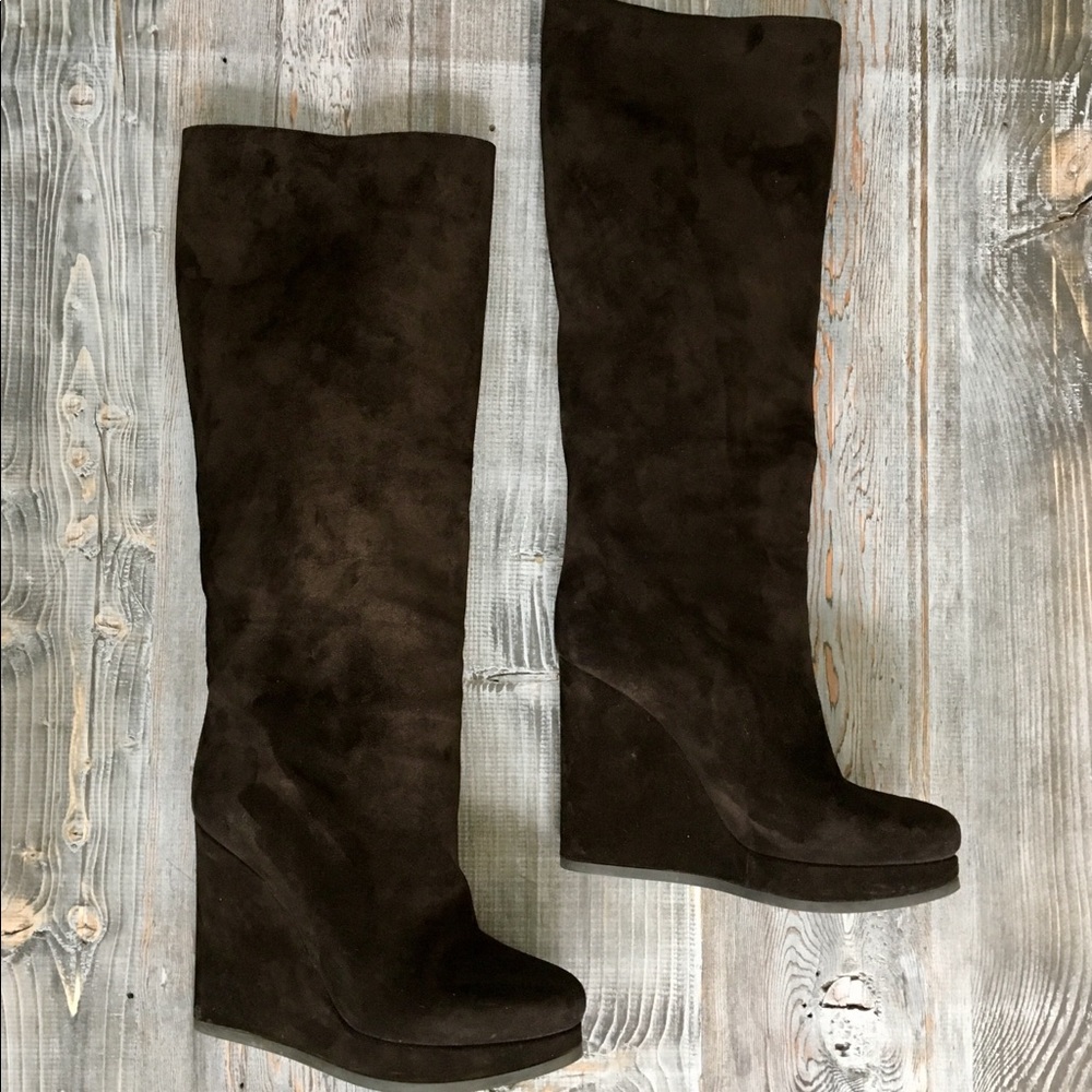 Jil Sander black suede wedge platform boots 41